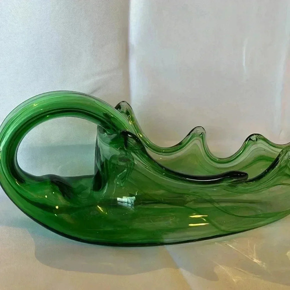 Vintage 70s MCM Atomic Murano Style Hand Blown Green Glass Abstract Vase Bowl - Picture 5 of 6